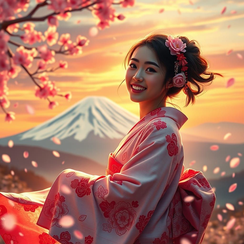 Vibrant Japanese Dancer Under Snowy Mount Fuji