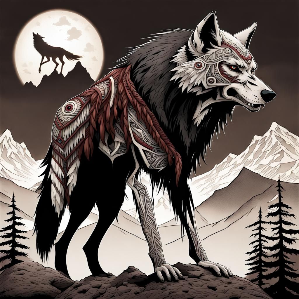 Demonic Native American Zombie with Undead Wolf