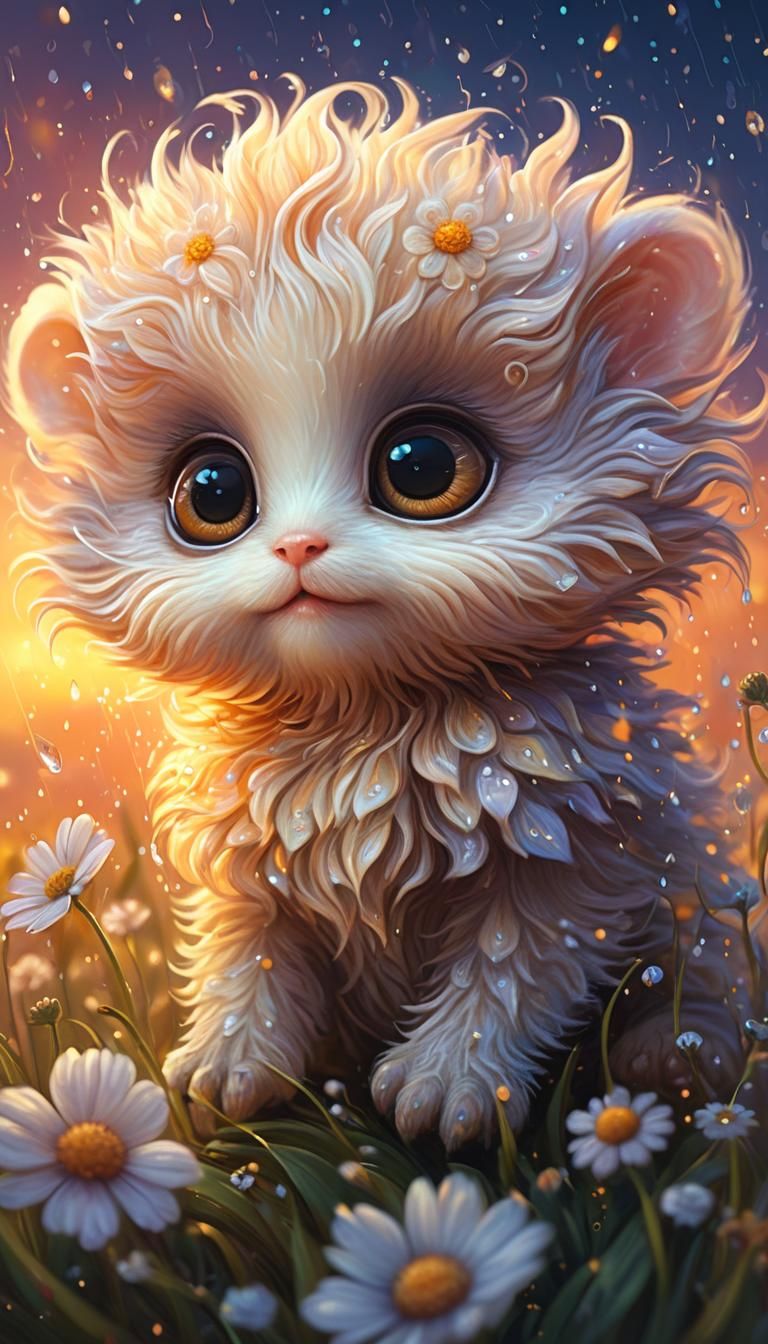 A cute tiny fluffy fantasy baby creature playing in a flower...