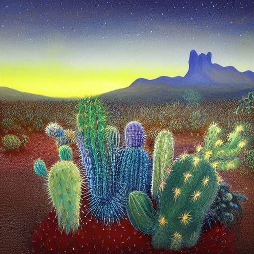 Glowing Cactus under Desert Sky in Surreal Style