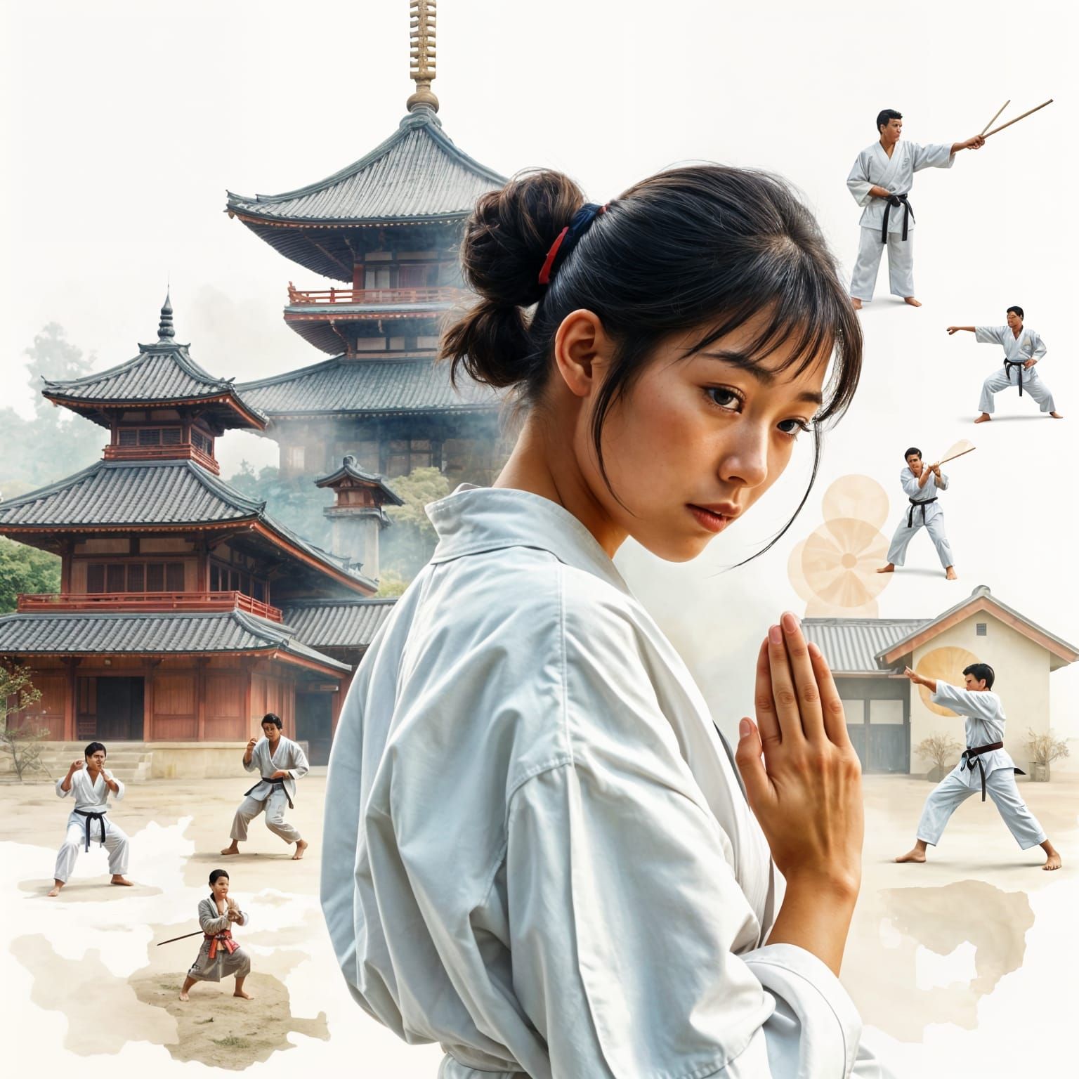 Japanese Woman Bowing Before Karate History in Watercolor