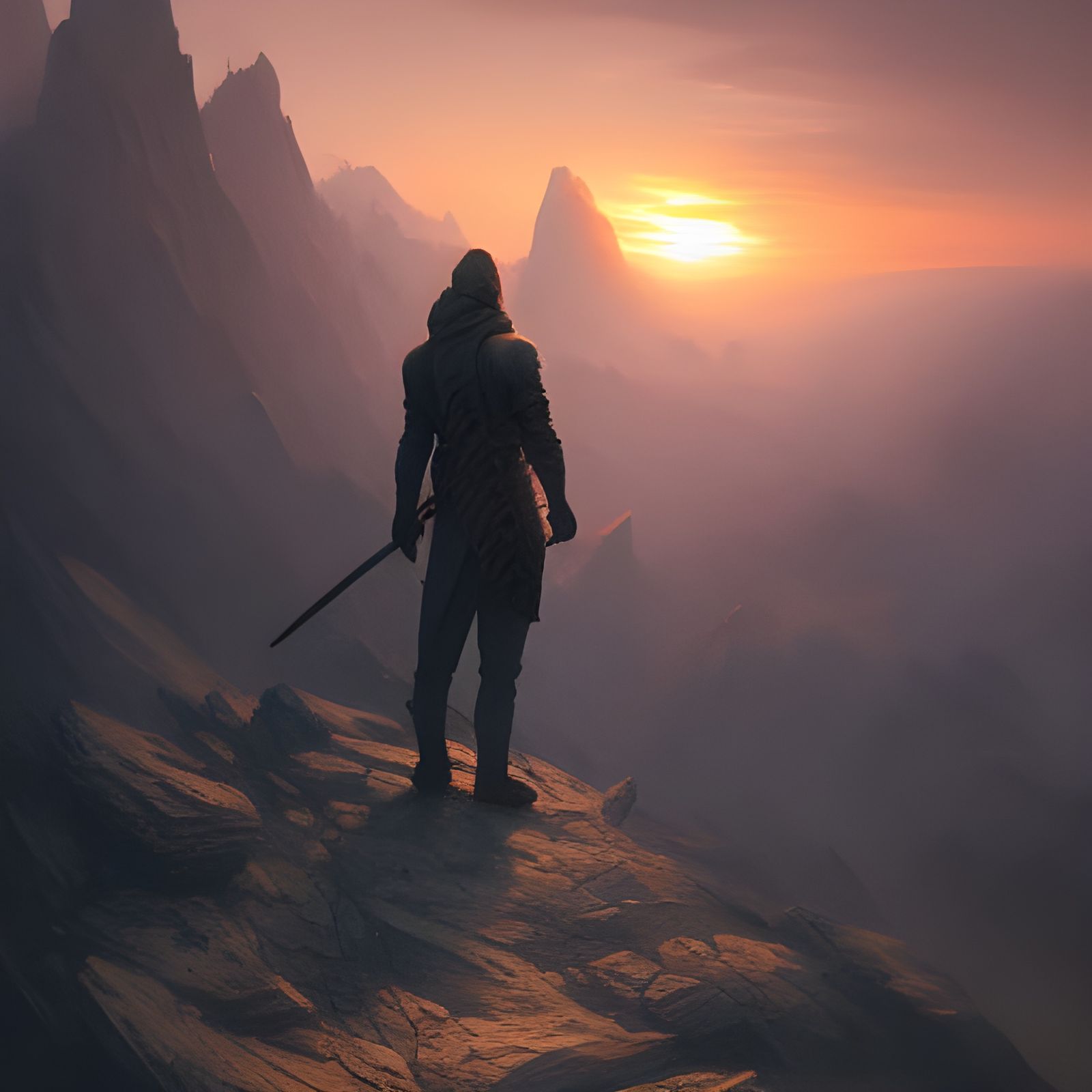Hero on Mountain at Sunrise: Dark Fantasy Art