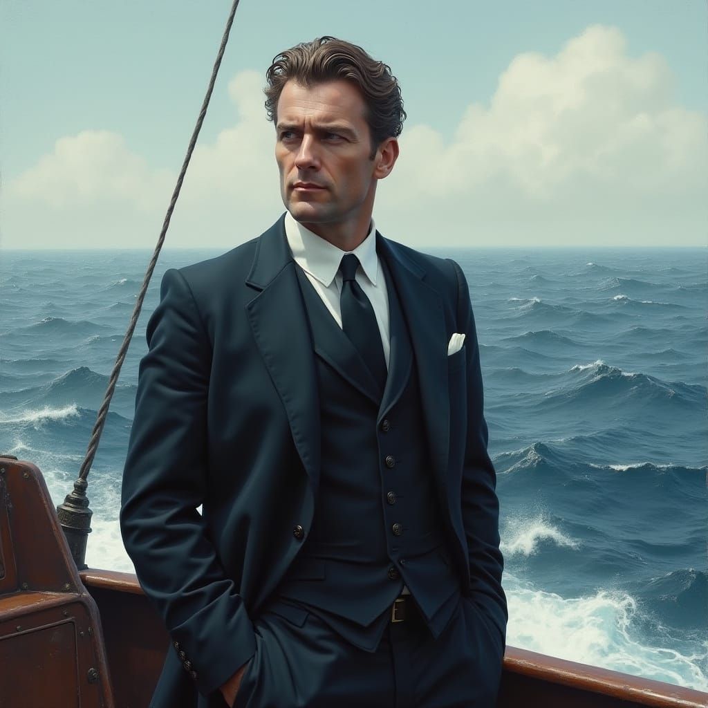 Man in Navy Suit on Naval Boat, Realistic Style