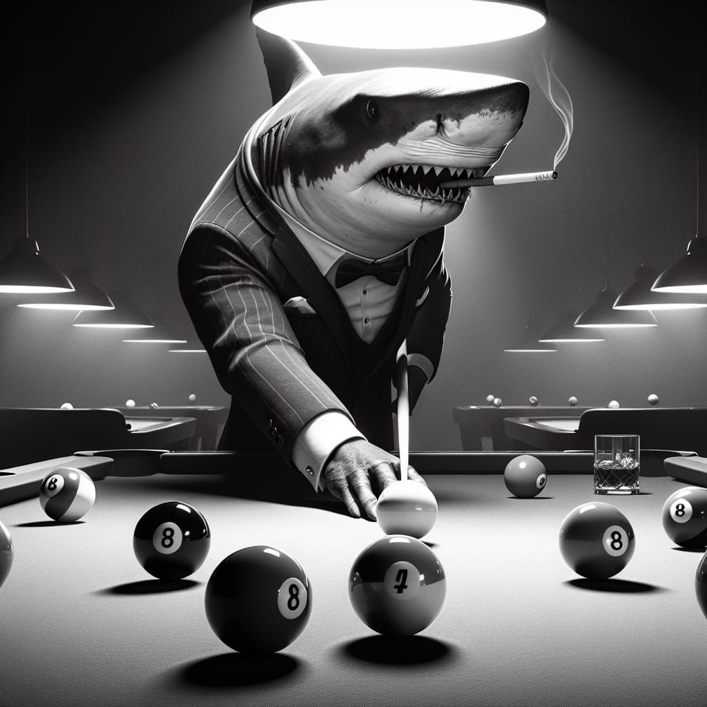 Shark Plays Pool in Gustave Doré Style