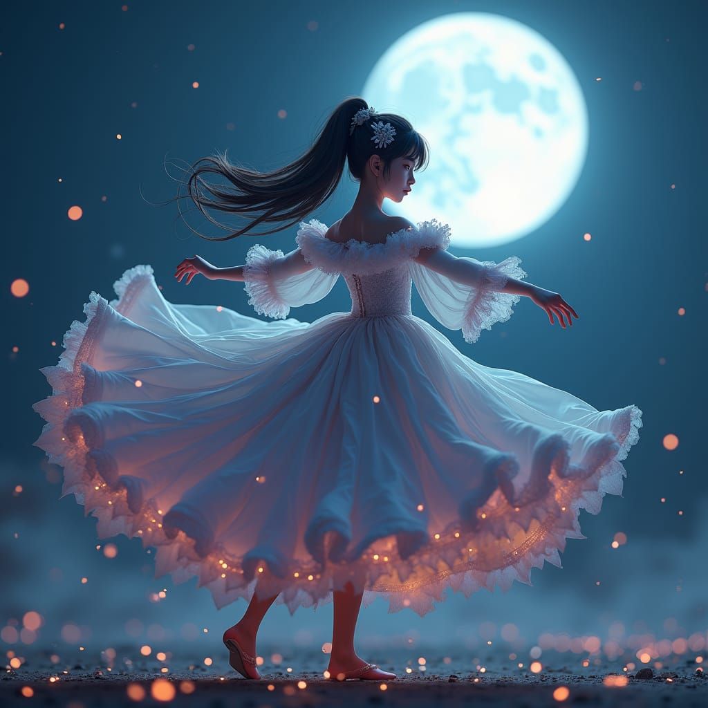 Young woman in an elaborate sweetlolita dress dances under t...