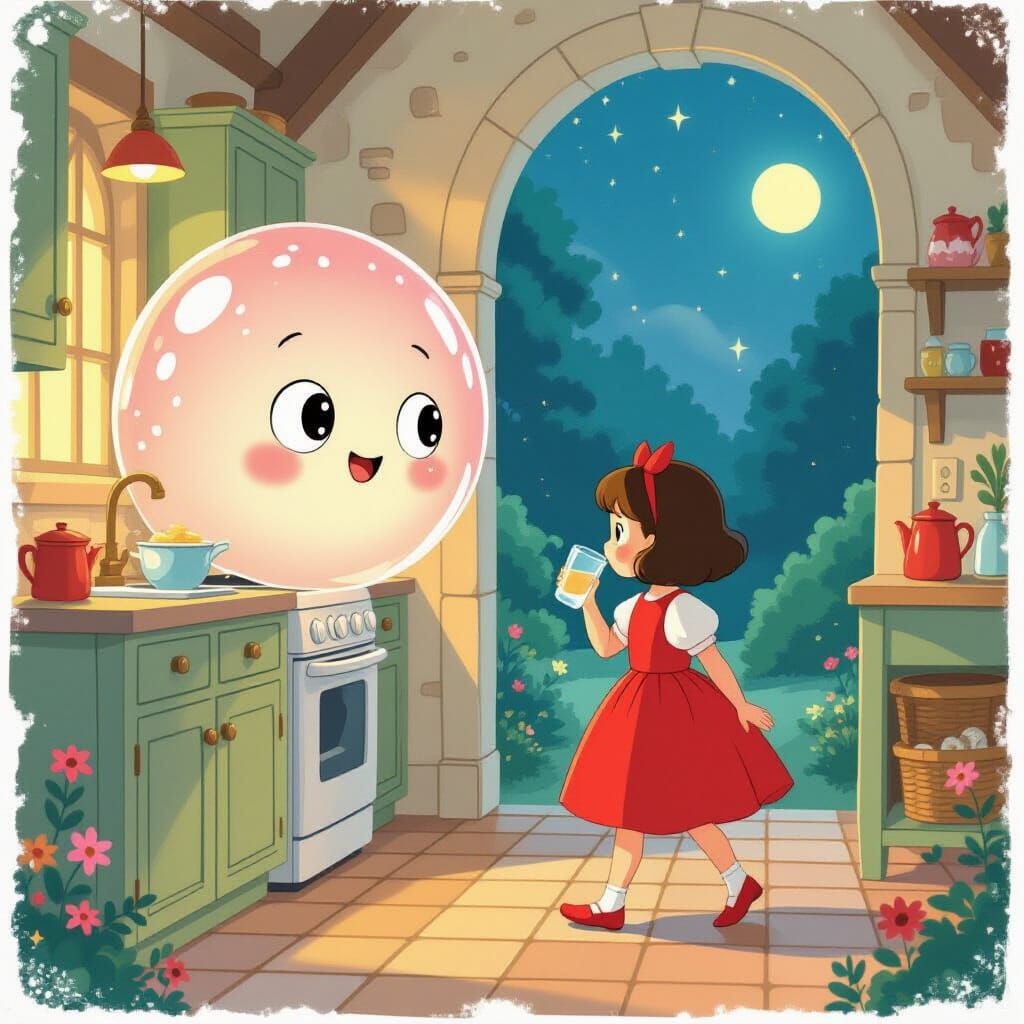 Girl Meets Sweet Bubble in Cartoon Fairy Tale