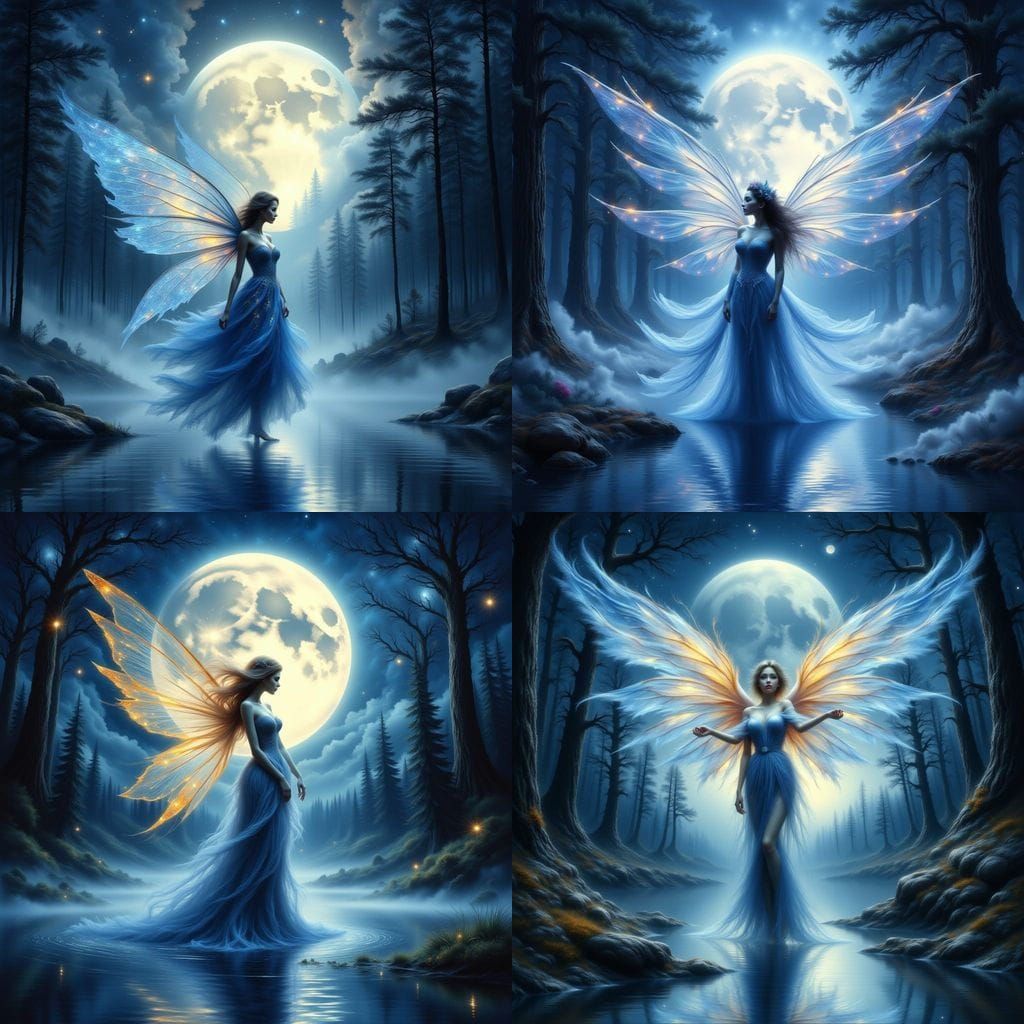 Ethereal Fairy Woman on Shimmering Water in Moonlit Forest