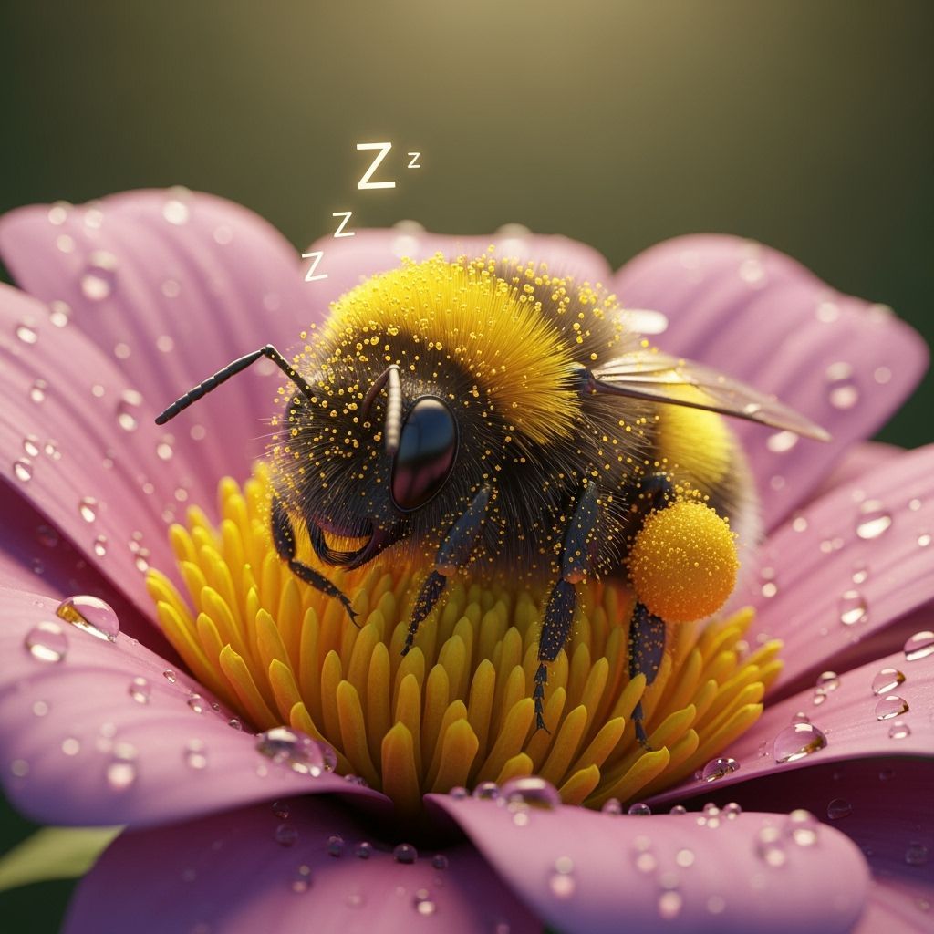 Fuzzy Bumblebee Sleeps Peacefully in Dew-Kissed Flower
