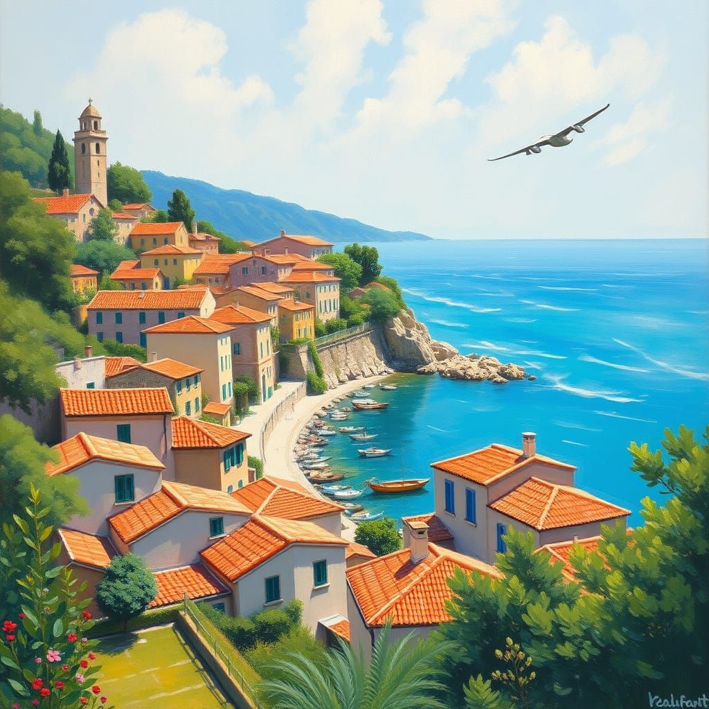 Mediterranean Village in Impressionist Style