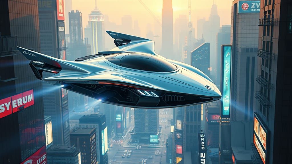Futuristic Flying Car in Cyberpunk Cityscape
