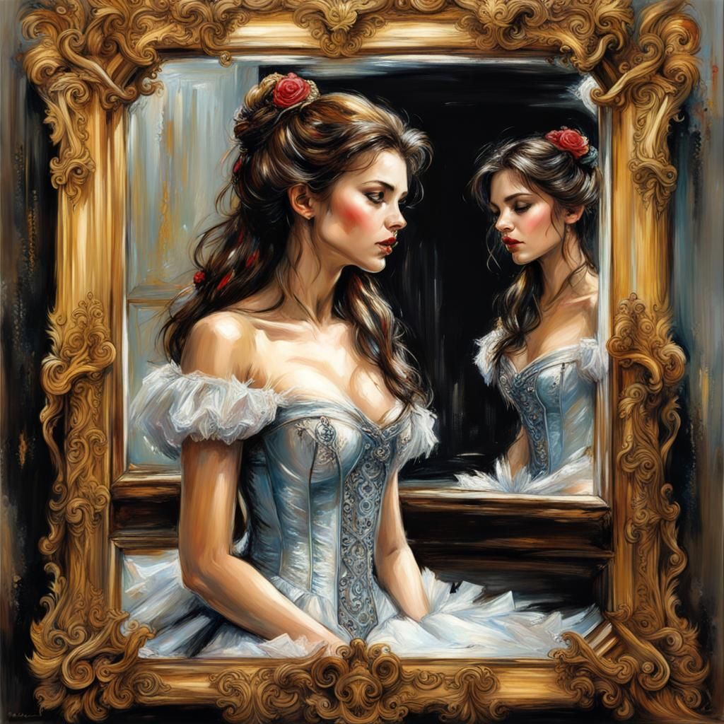 Princess Belle and Ornate Mirror, Romantic Portrait