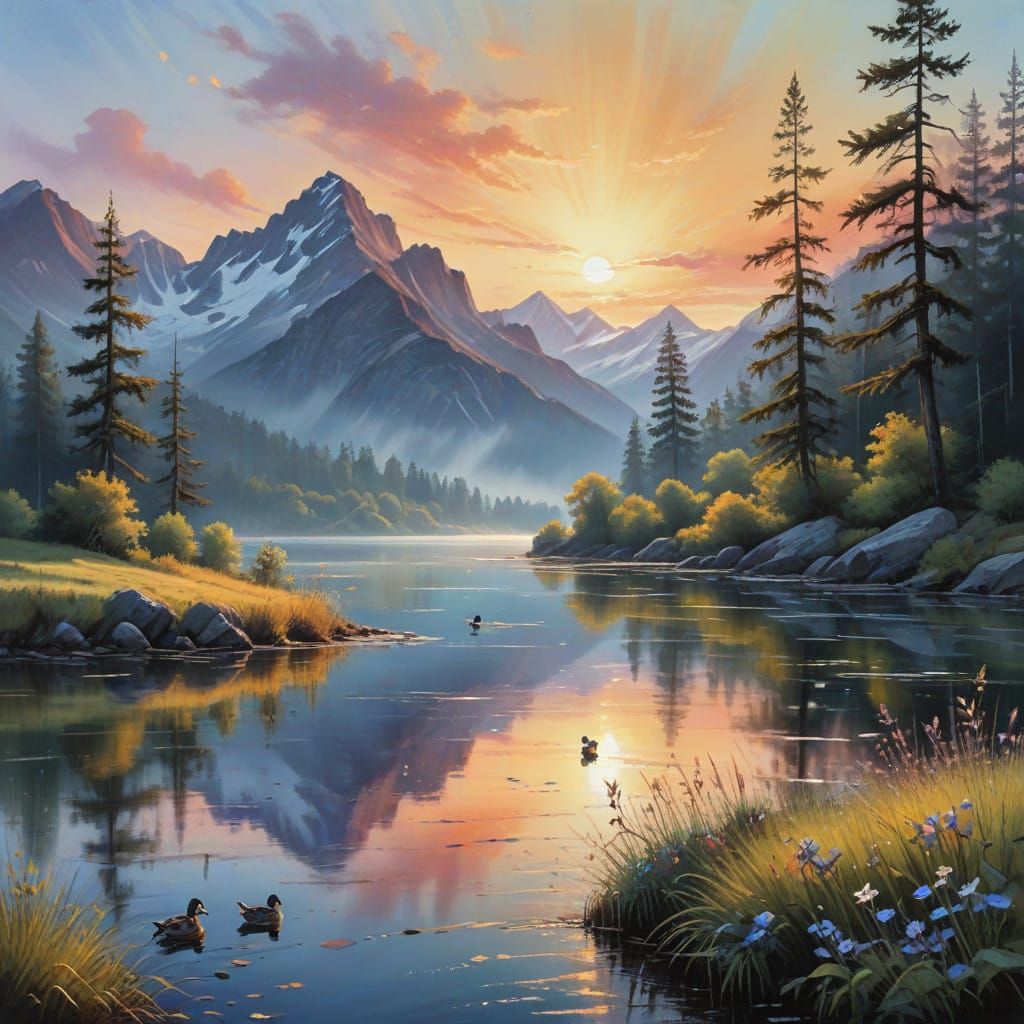 Peaceful Morning Lake in Pastel Colors