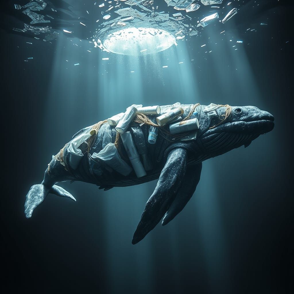 A colossal cachalot made entirely from recycled ocean plastic