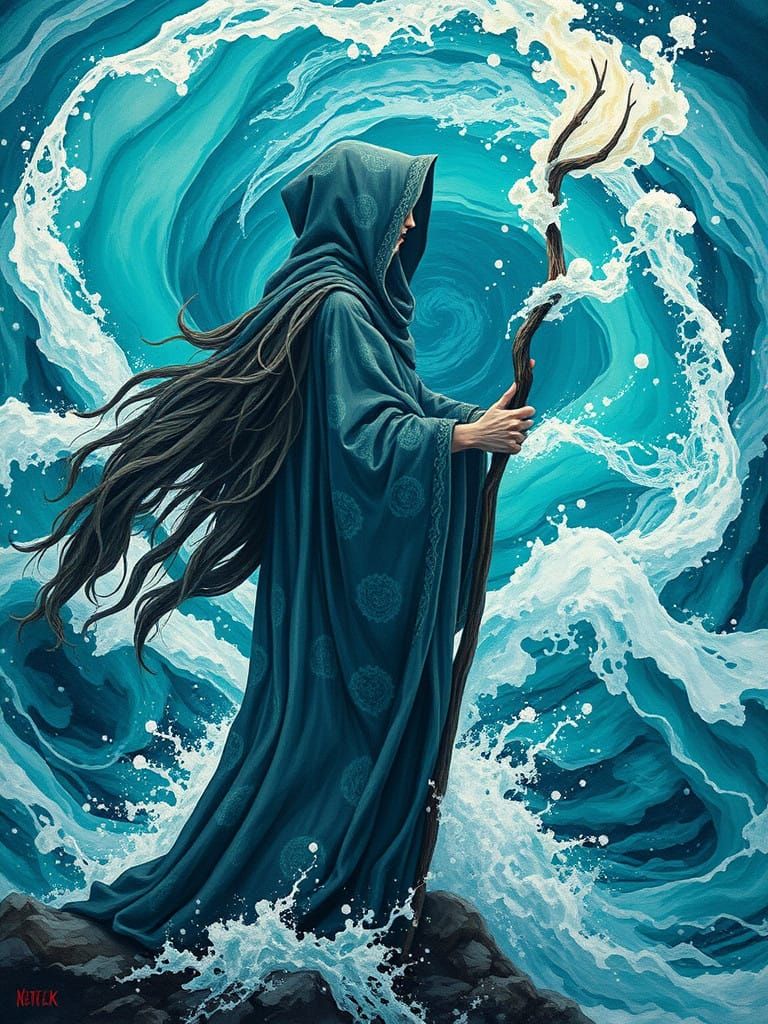 Mystical Ocean Sorceress in Gouache and Watercolors