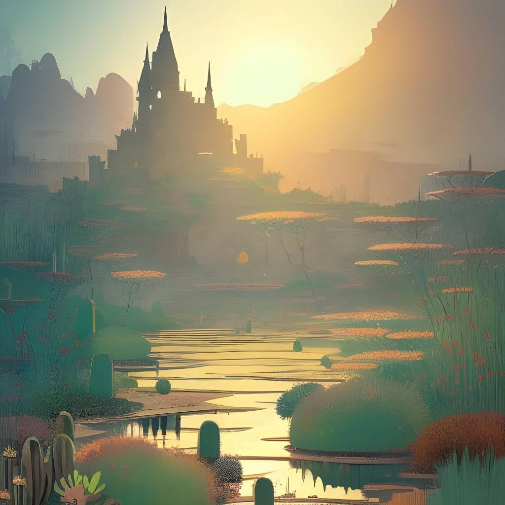 Desert Oasis Castle at Golden Hour in Digital Art