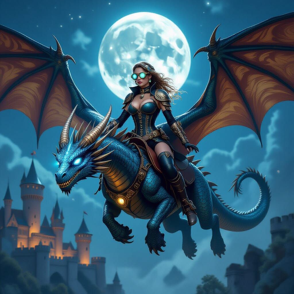 Steampunk Princess on Dragon Over Castle