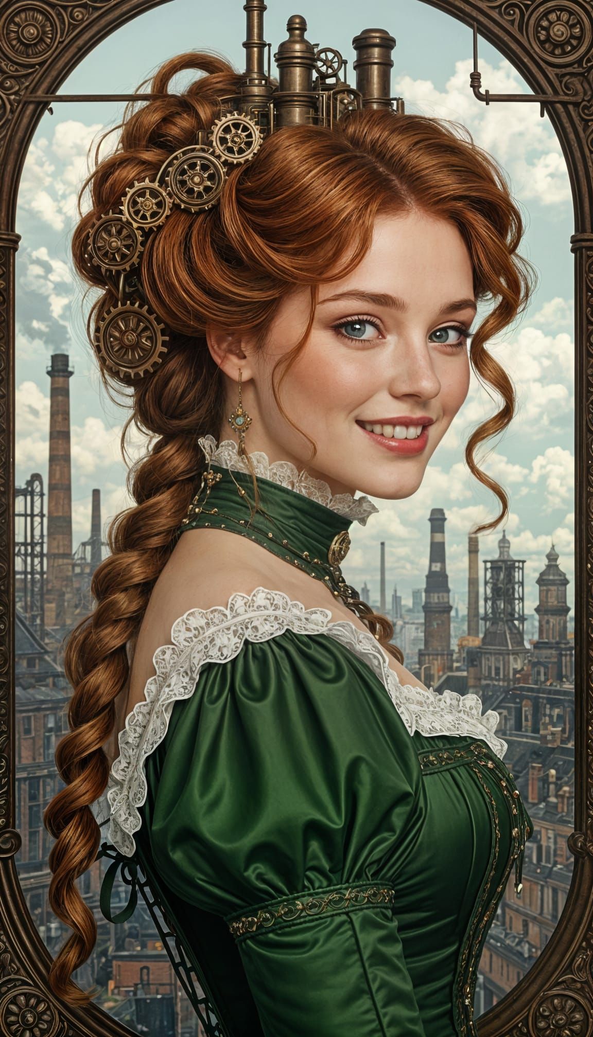 Victorian Woman with Industrial Hairstyle, Art Nouveau Portr...