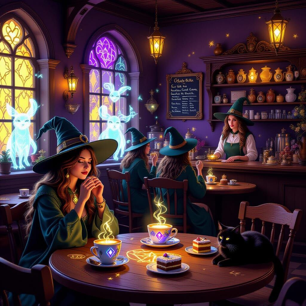 Magical Cafe Scene with Glowing Runes and Witch Staff