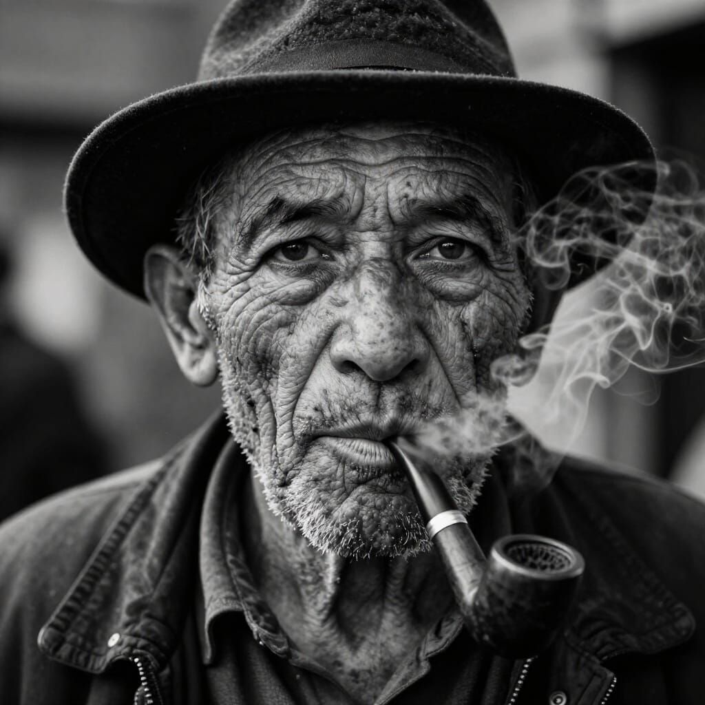 Old Gipsy Man Smoking Pipe in Dramatic Black and White