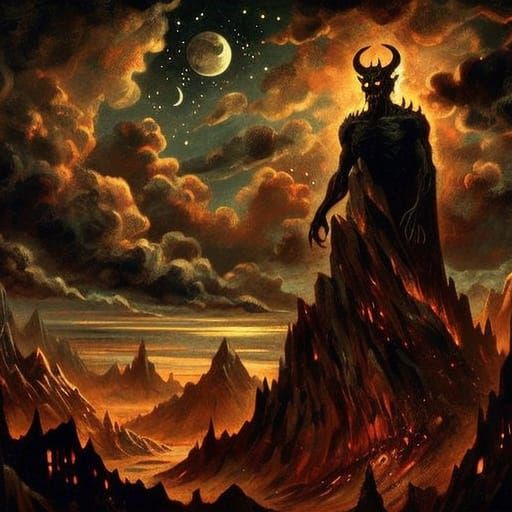 Dark Fantasy Demon on Mountain Peak in Oskar Kokoschka Style