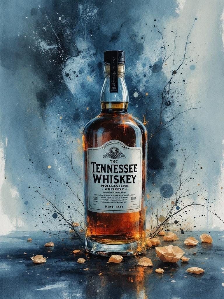 Whiskey in Surreal Watercolor and Ink Splatter Style