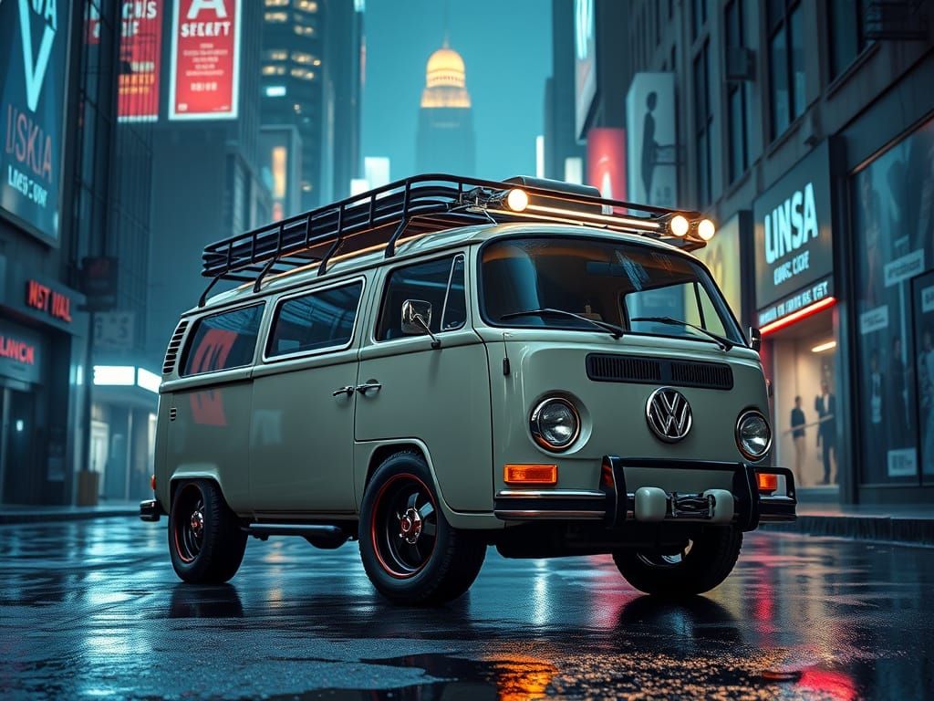 Cyberpunk 1965 VW Bus in a Rain-Soaked Alleyway
