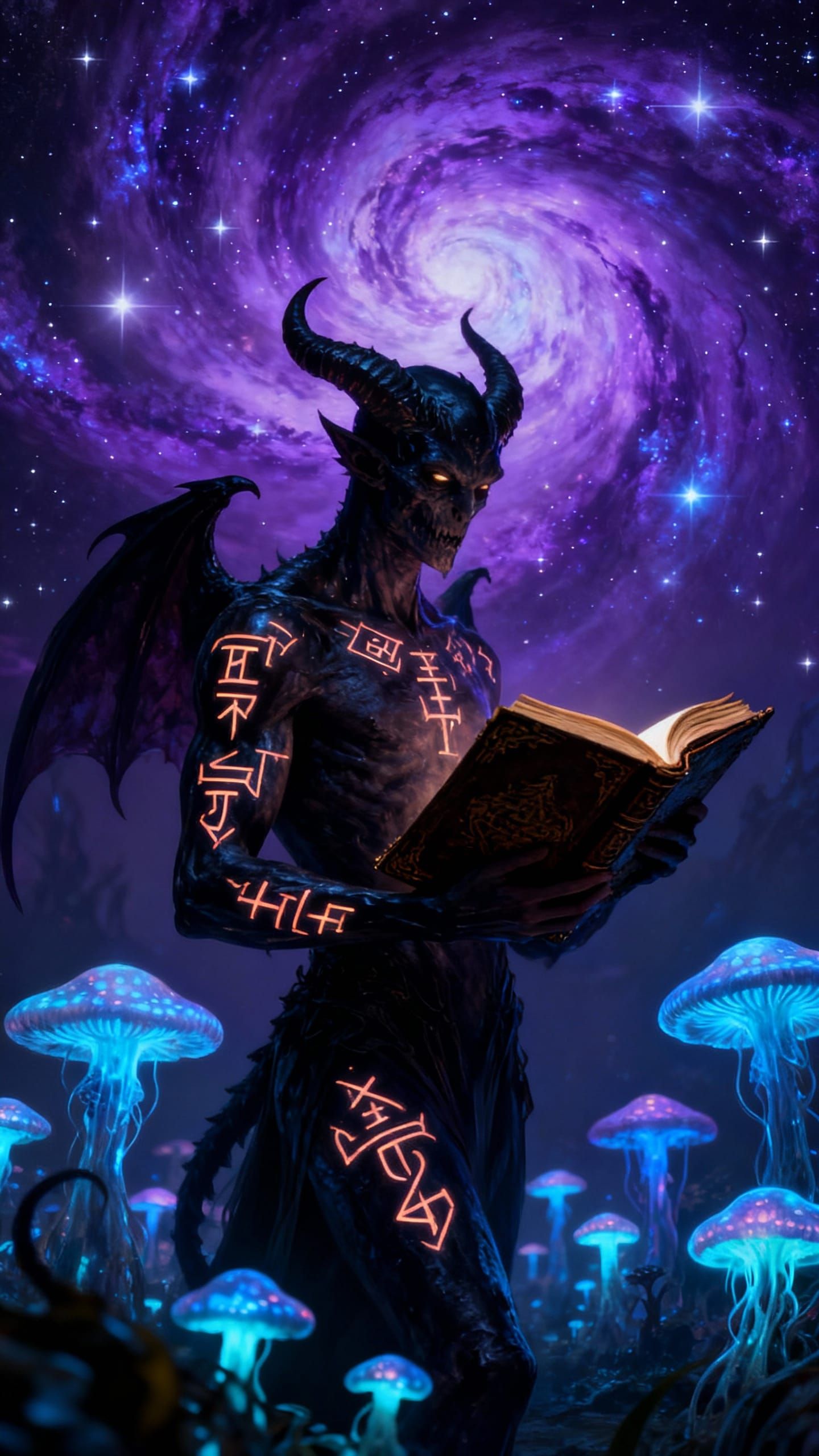 Gothic Demon Holding Ancient Book in Alien Mushroom Field