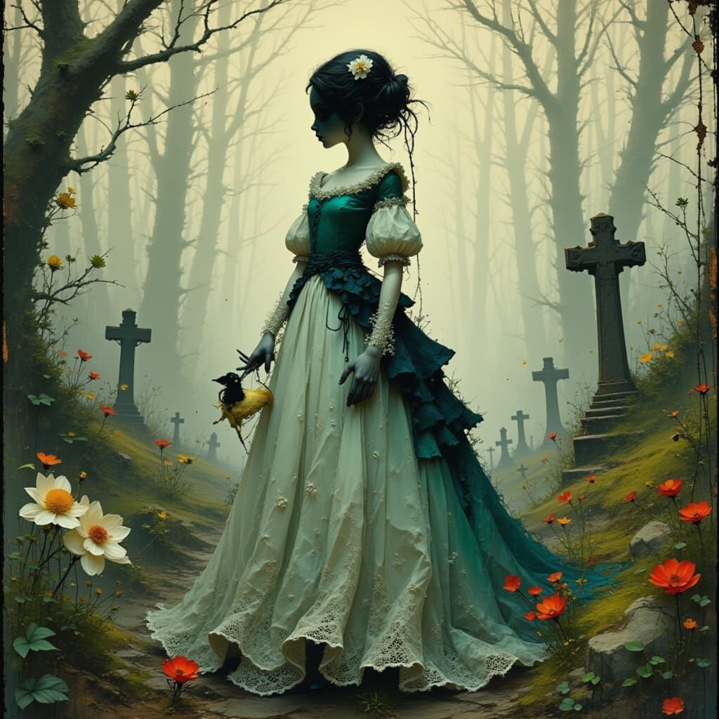 Eerie Porcelain Doll in Gothic Graveyard, Digital Art
