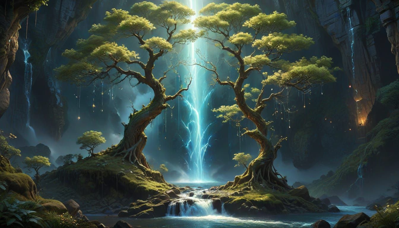 Ethereal Waterfall from Tree of Life Yggdrasil in Vibrant Fl...