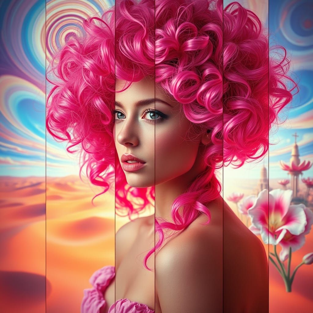 Surreal Woman with Pink Hair in Fragmented Dreamscapes