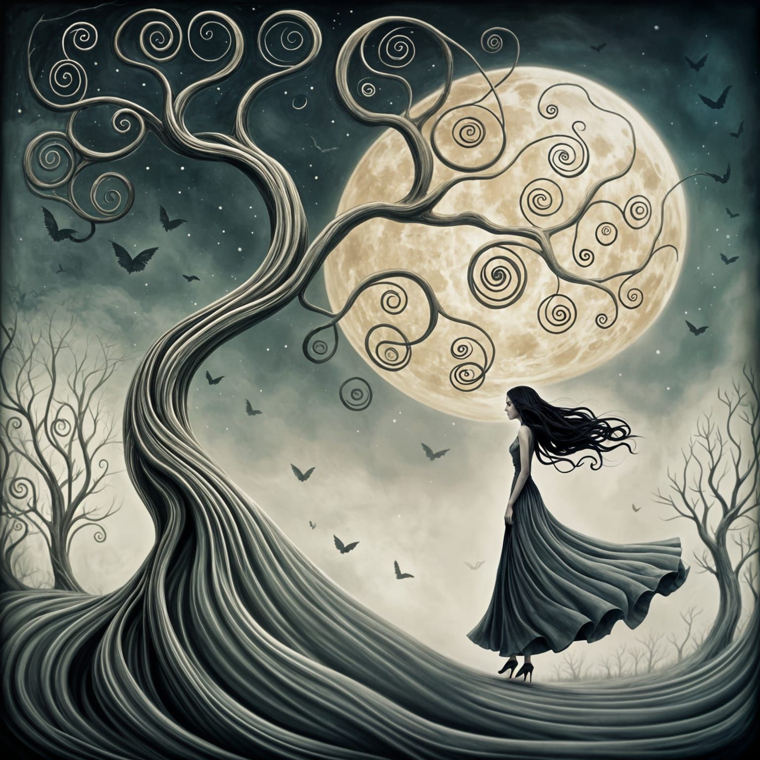 Dark Whimsical Illustration of Woman by Twisted Tree