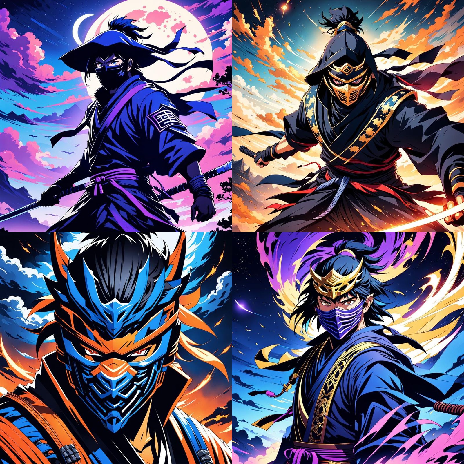 Ninja/Mage Silhouette with Oni Mask in Manga Style