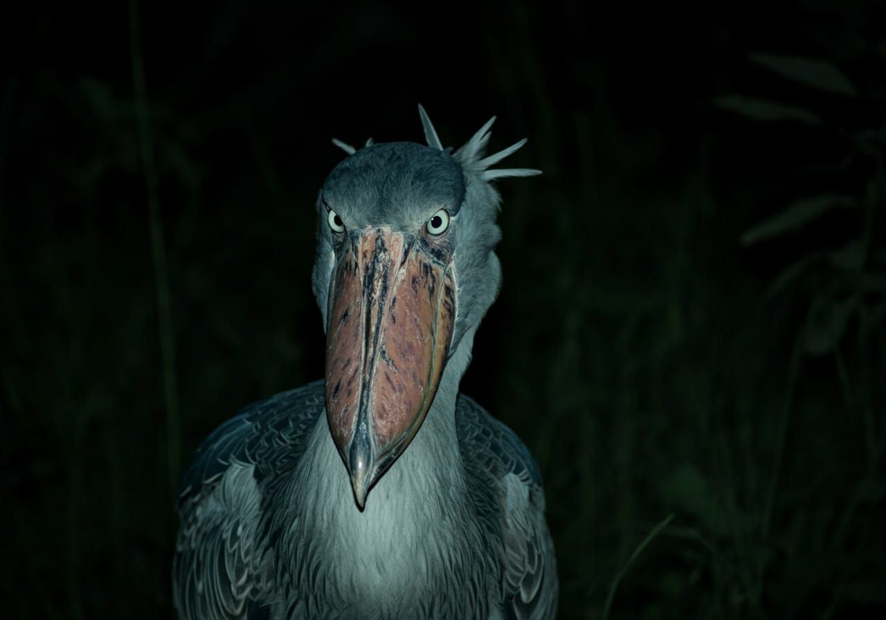 Shoebill Stork in Dark Forest with Glowing Eyes