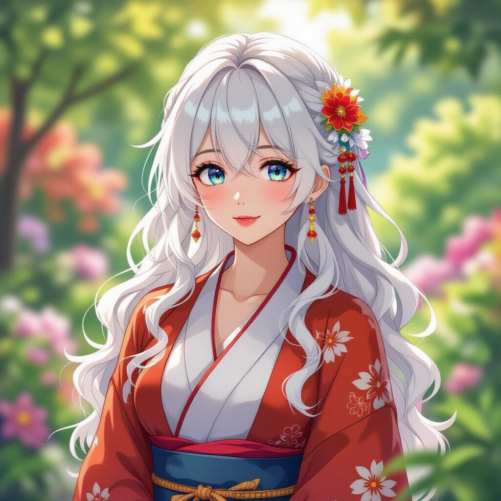 Anime Woman in Traditional Chinese Clothes in Colourful Gard...