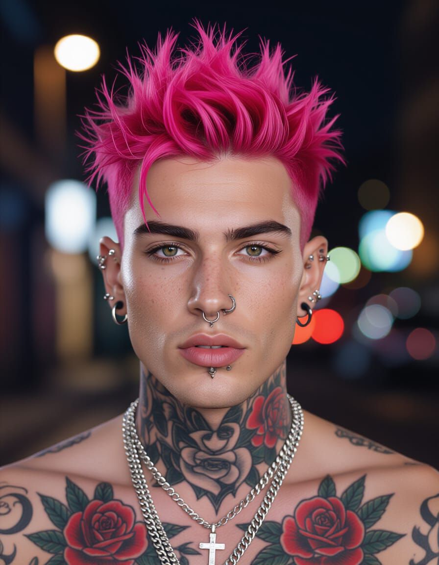 Edgy Young Man Portrait with Pink Hair and Tattoos