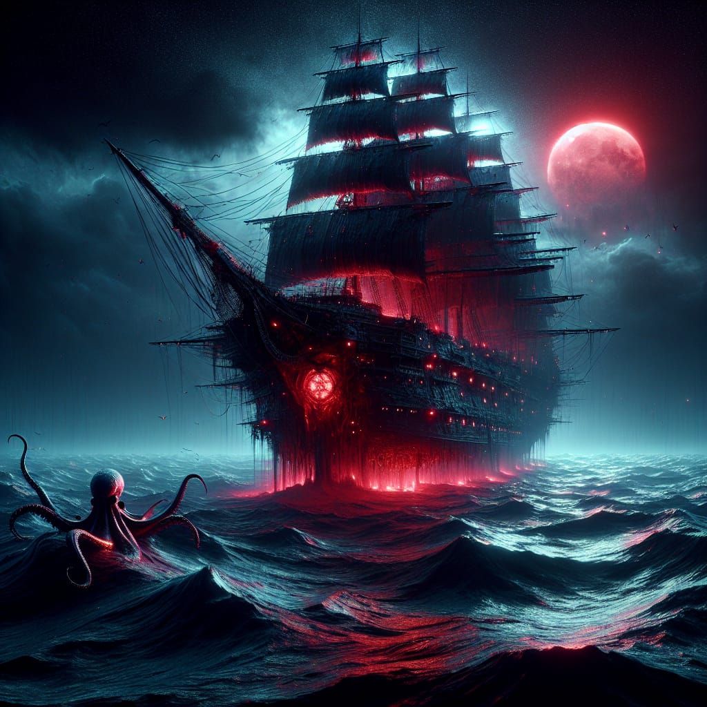 Ghost Ship on Wild Sea with Red Moon