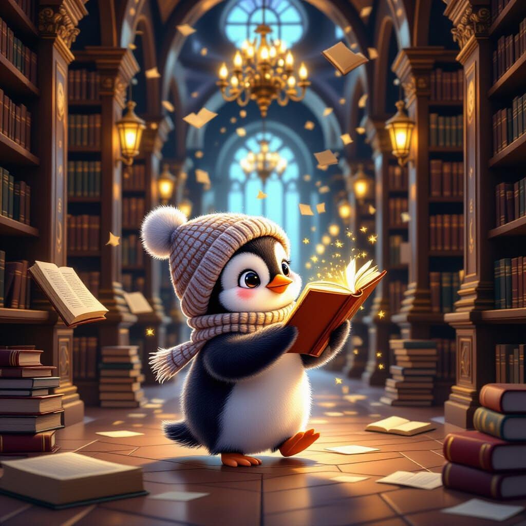 Penguin in Magical Library with Floating Books