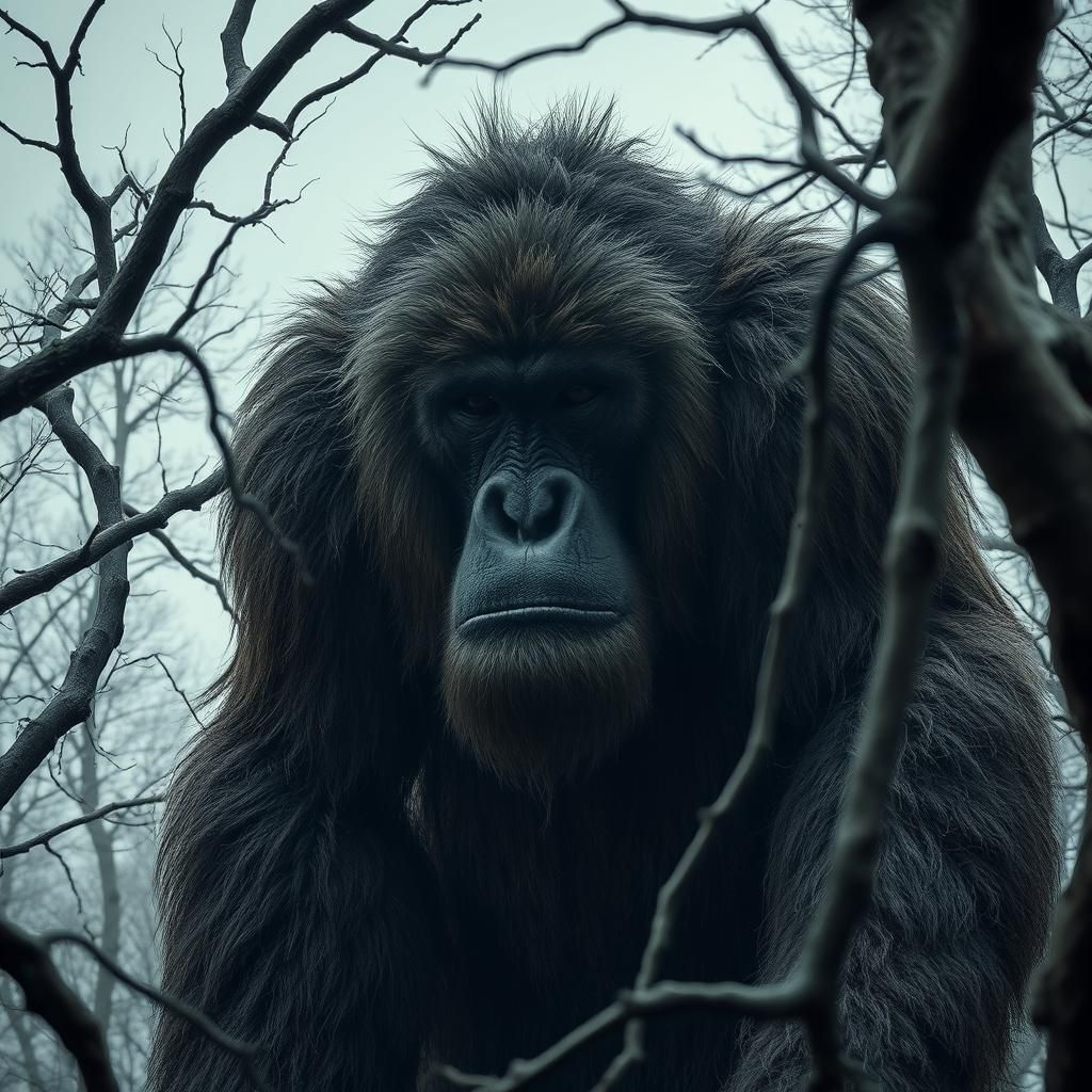 Eerie Ape-Like Creature in Misty Forest, Photorealistic Styl...