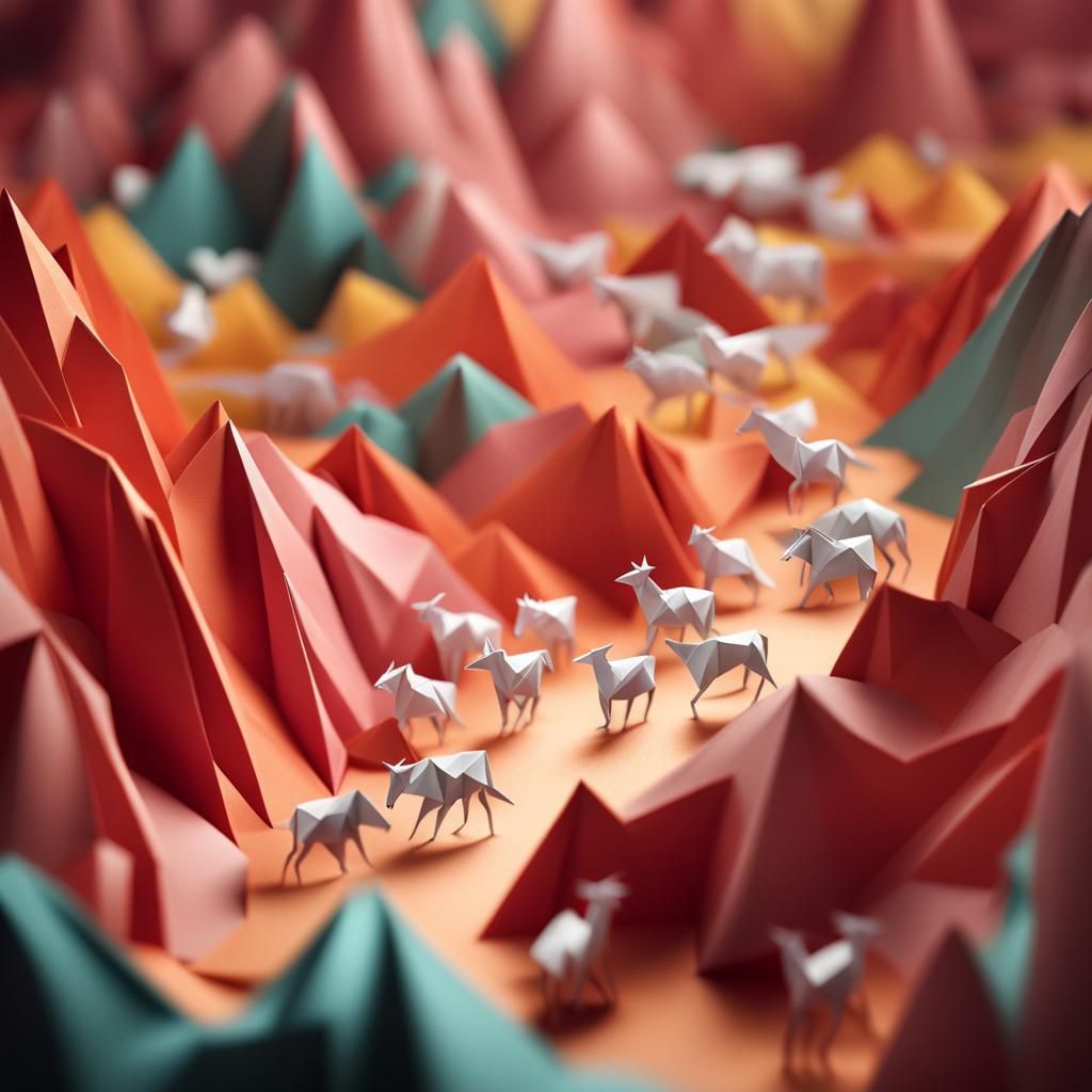 Origami Stampede Through a Canyon Landscape
