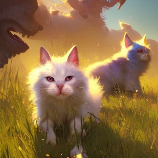 Eerie Adorable Kittens in Flower Field, Dark Fantasy Art