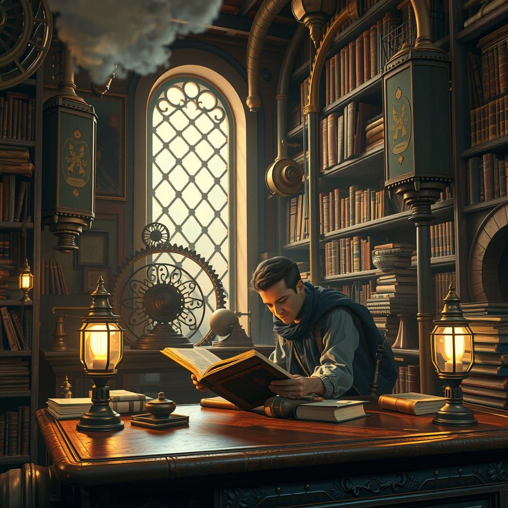 Steampunk Scholar in Library with Ornate Machines