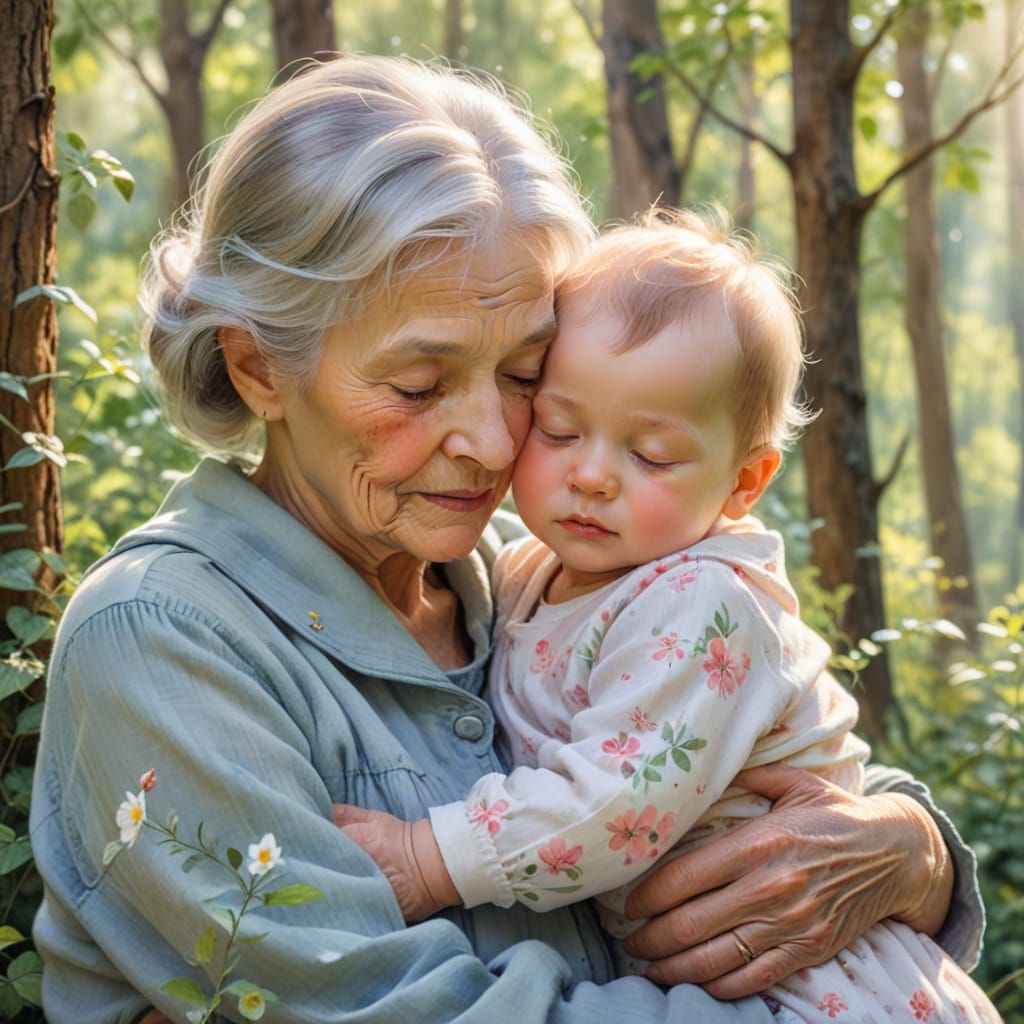 Watercolor Painting of Grandmother and Baby