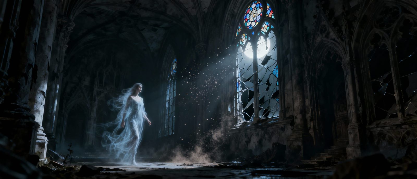 Ghostly Woman in Decaying Gothic Palace