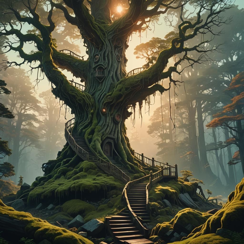 Fantasy Tree with Winding Staircase in Matte Painting Style