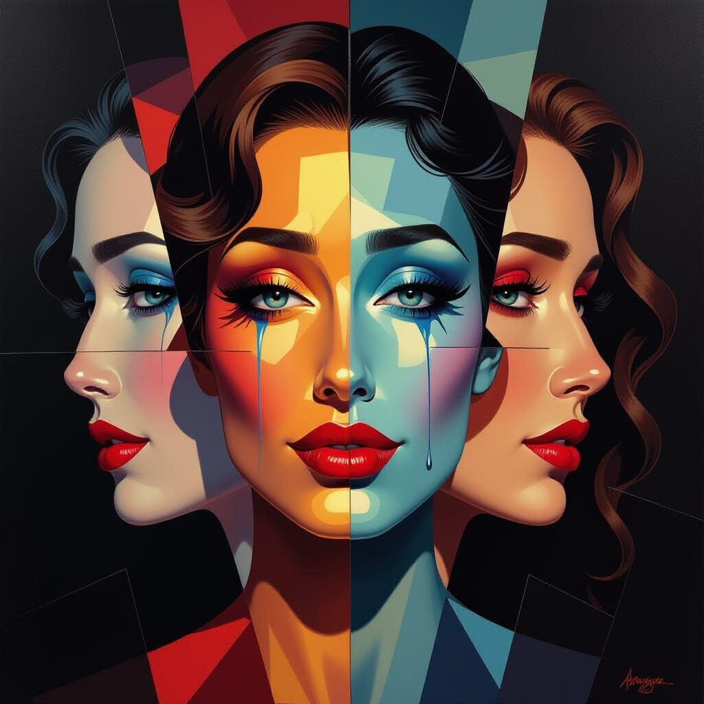 A portrait divided into mirrored shards — each shard shows a...