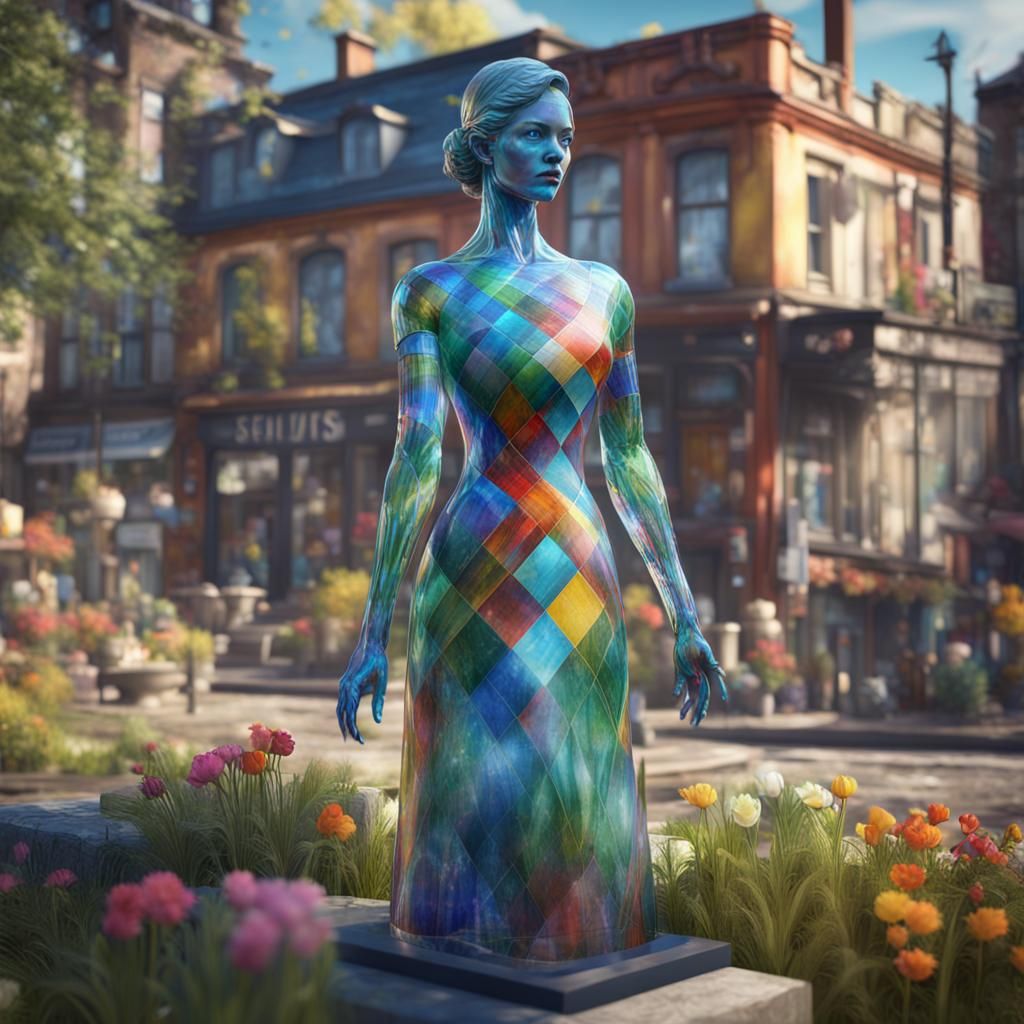 Glass Sculpture of Woman in Plaid Dress