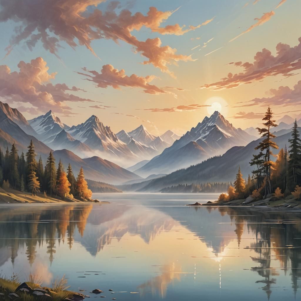 Majestic Mountain Landscape Painting with Golden Light