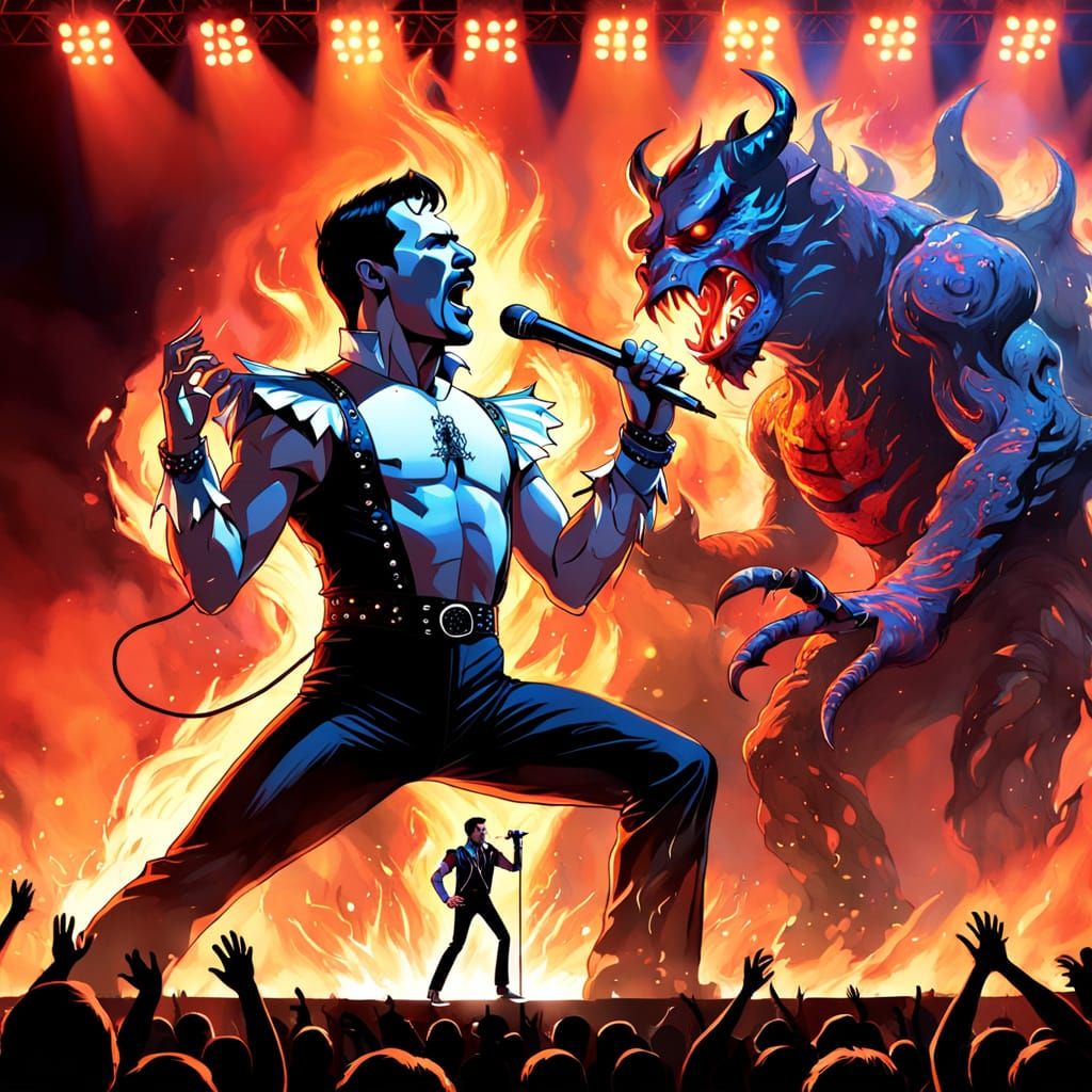 Freddy Mercury Sings on Fiery Stage with Monster