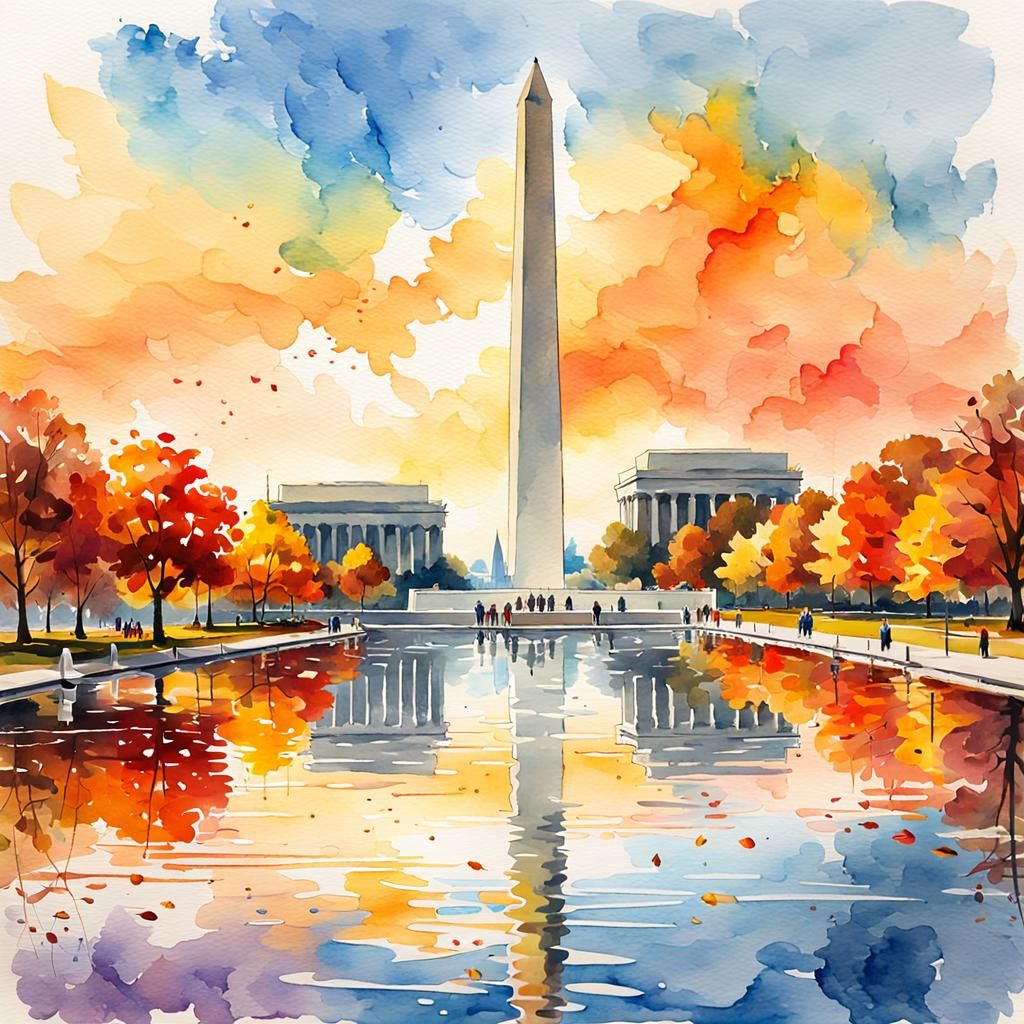 Autumn Harmony: Capturing the Washington Monument in Watercolor