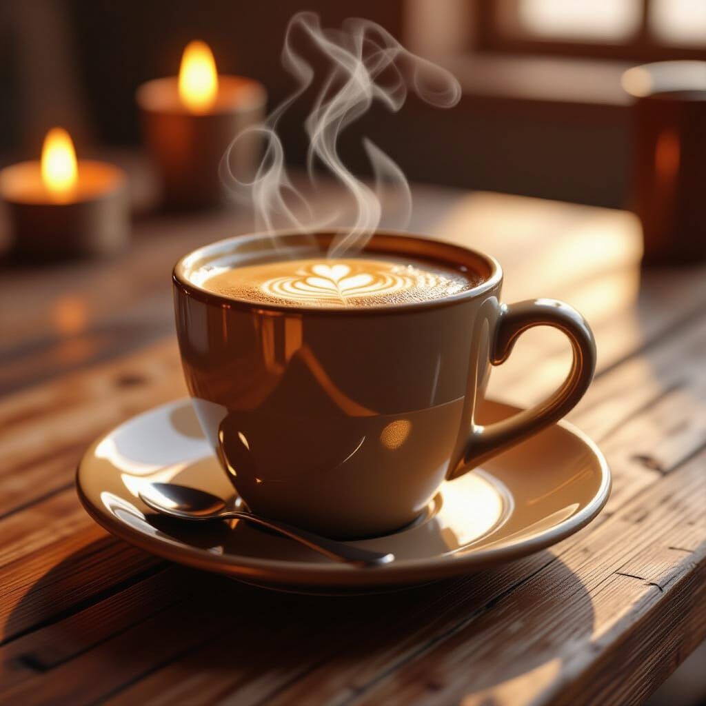 Steaming Coffee Cup on Rustic Table, Warm Lighting
